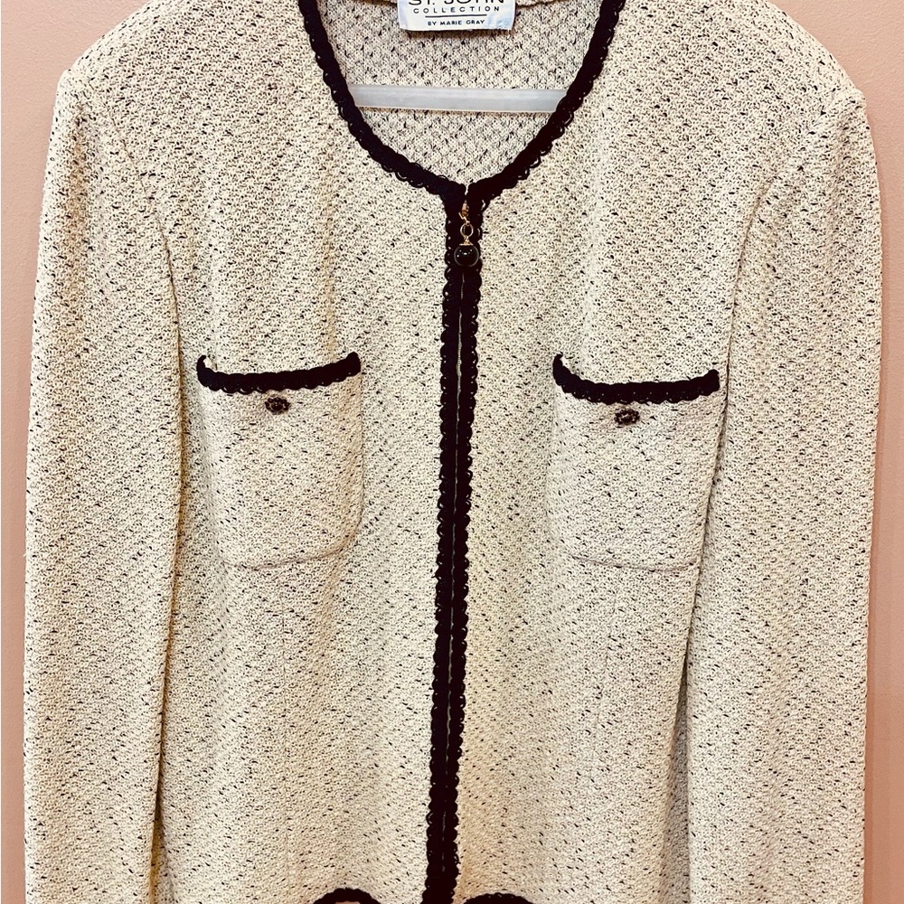 St. John Collection Santana Knit Cream/Black Trim Jacket Blazer Zip Front 2005